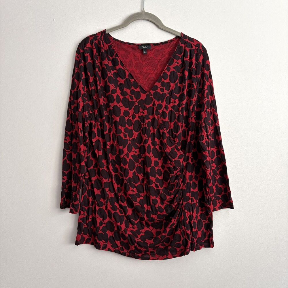 Talbots Womens Red Black Floral Faux Wrap Blouse Size XL Business Professional